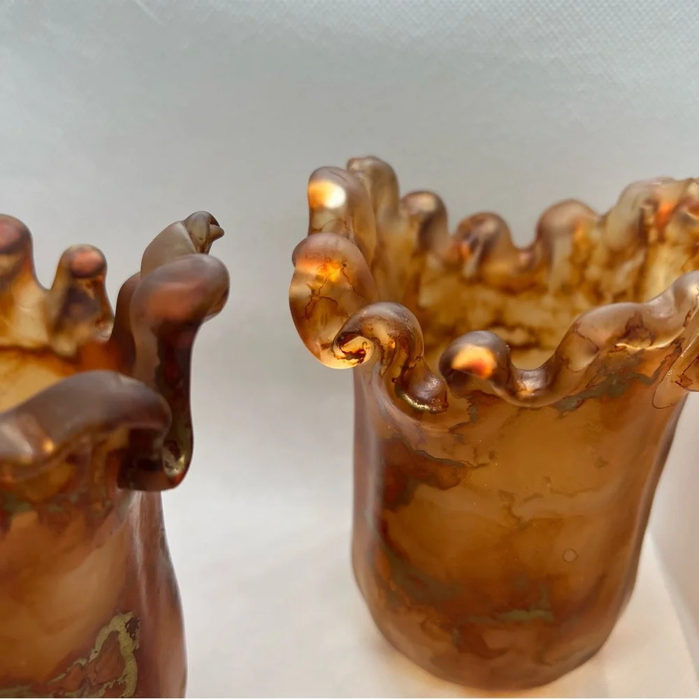 MCM Italian Swung Glass Candle Holders Amber with Metallic Swirls
